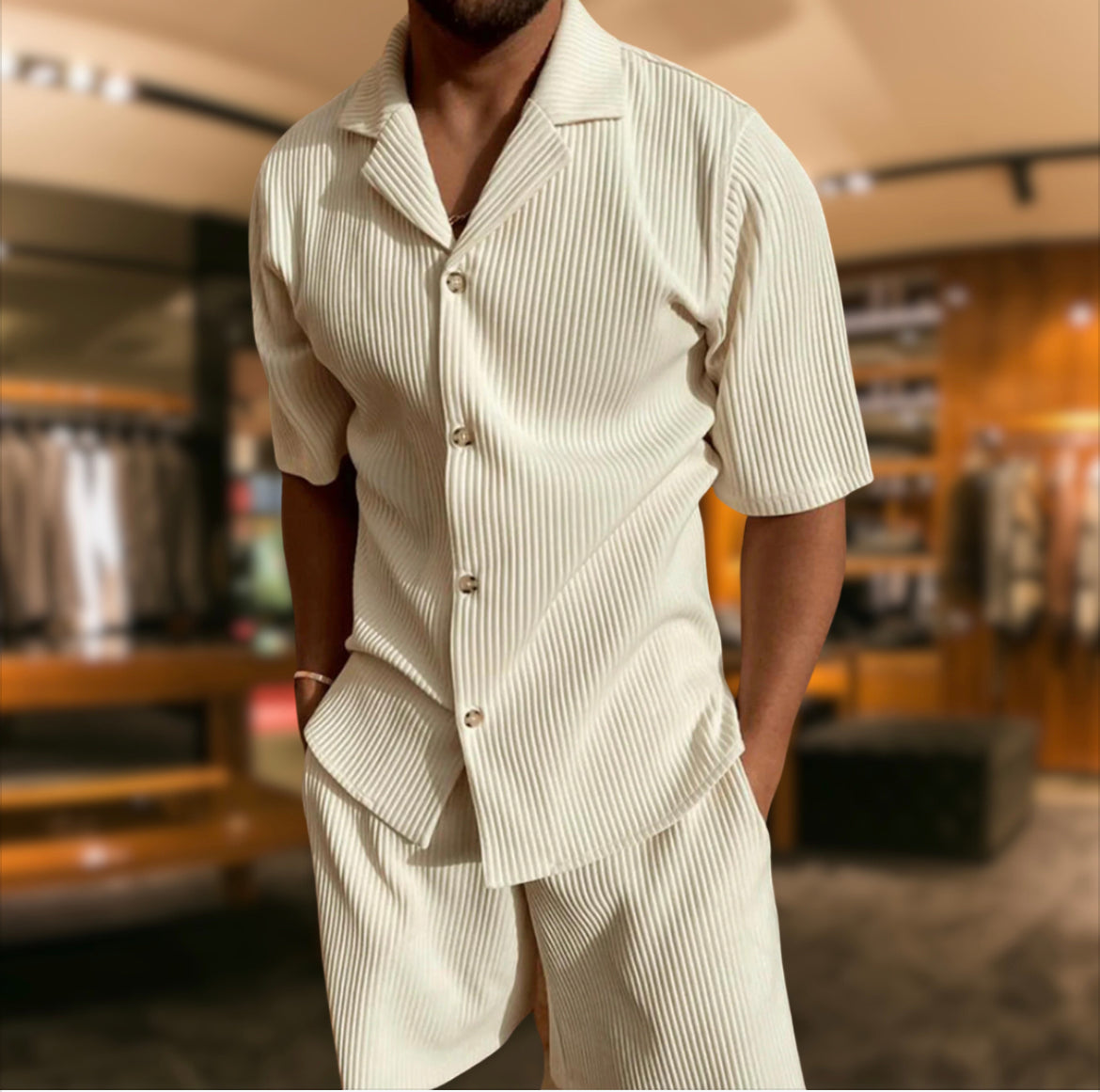Cole | Men's Lounge Set Cream Ribbed Short Sleeve
