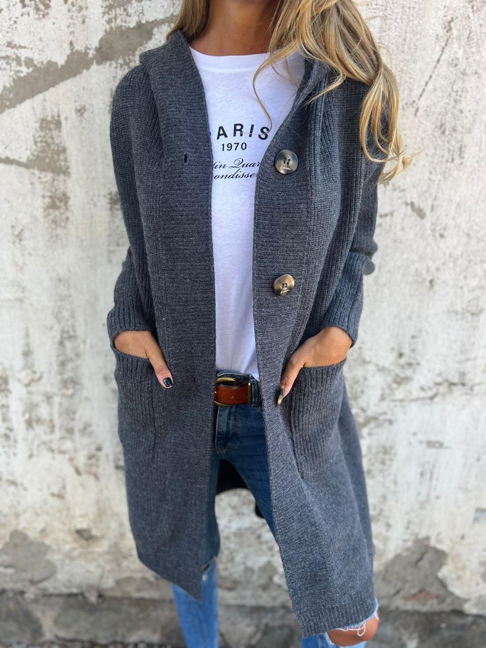 Lena | Women's Long Cardigan Cream Ribbed Knit Button Front