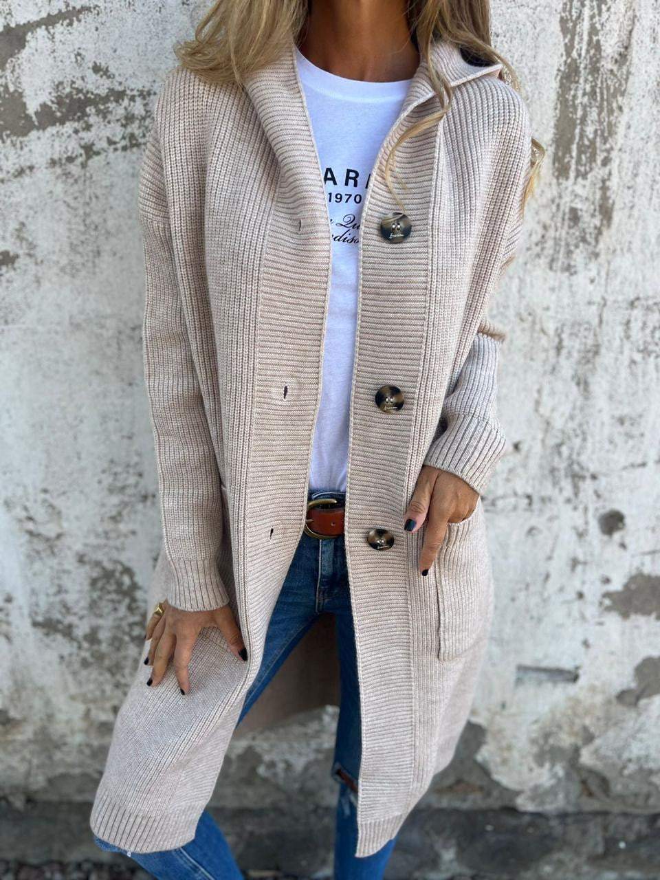 Lena | Women's Long Cardigan Cream Ribbed Knit Button Front