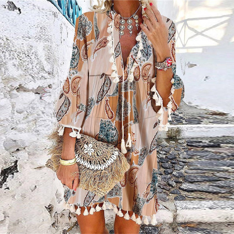 Nola | Women's Boho Printed Shift Dress Light Blue Cream Fringe