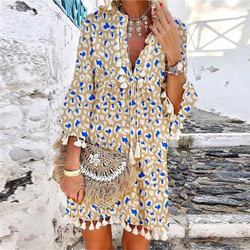 Nola | Women's Boho Printed Shift Dress Light Blue Cream Fringe