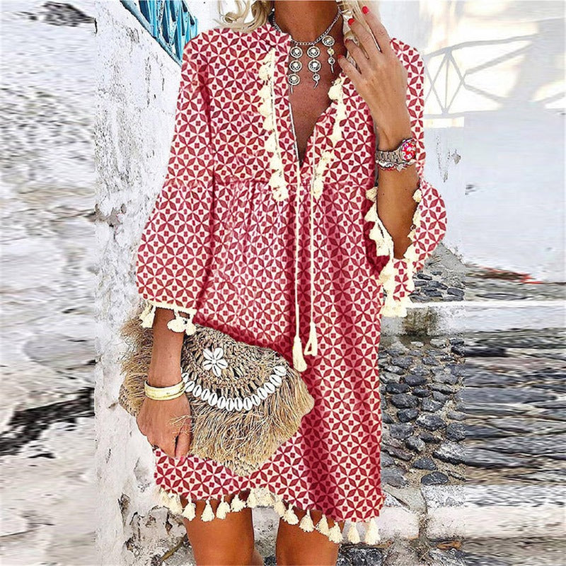 Nola | Women's Boho Printed Shift Dress Light Blue Cream Fringe