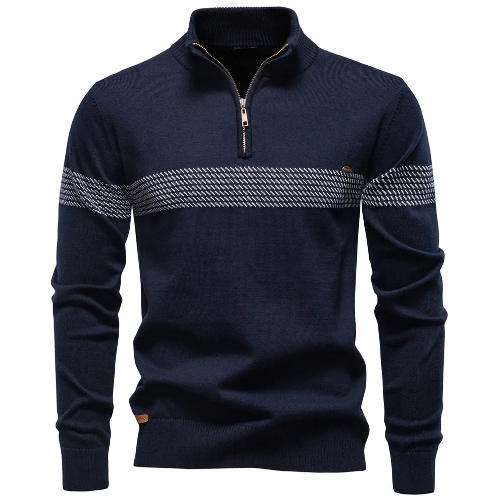 Axel | Men's Quarter Zip Sweater Cream Textured Chest Stripe
