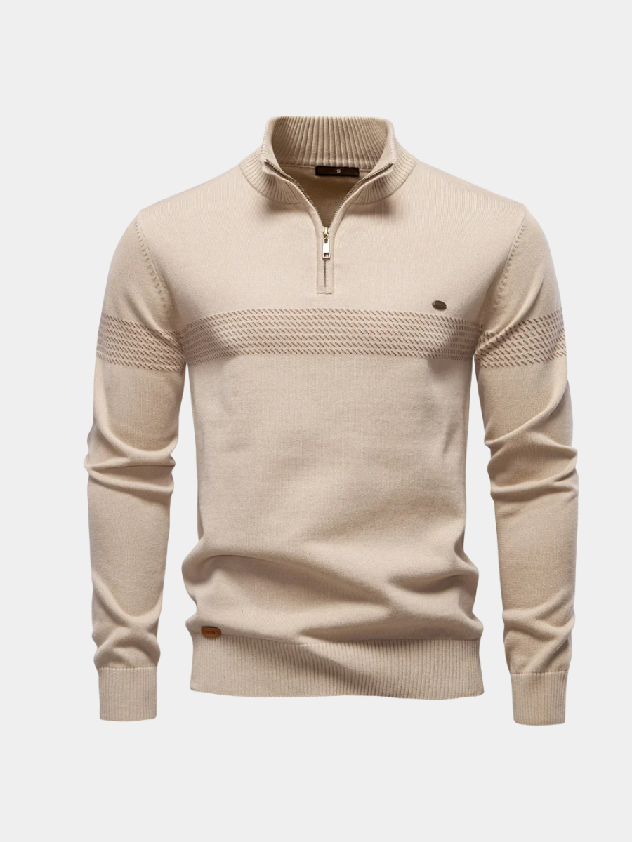 Axel | Men's Quarter Zip Sweater Cream Textured Chest Stripe