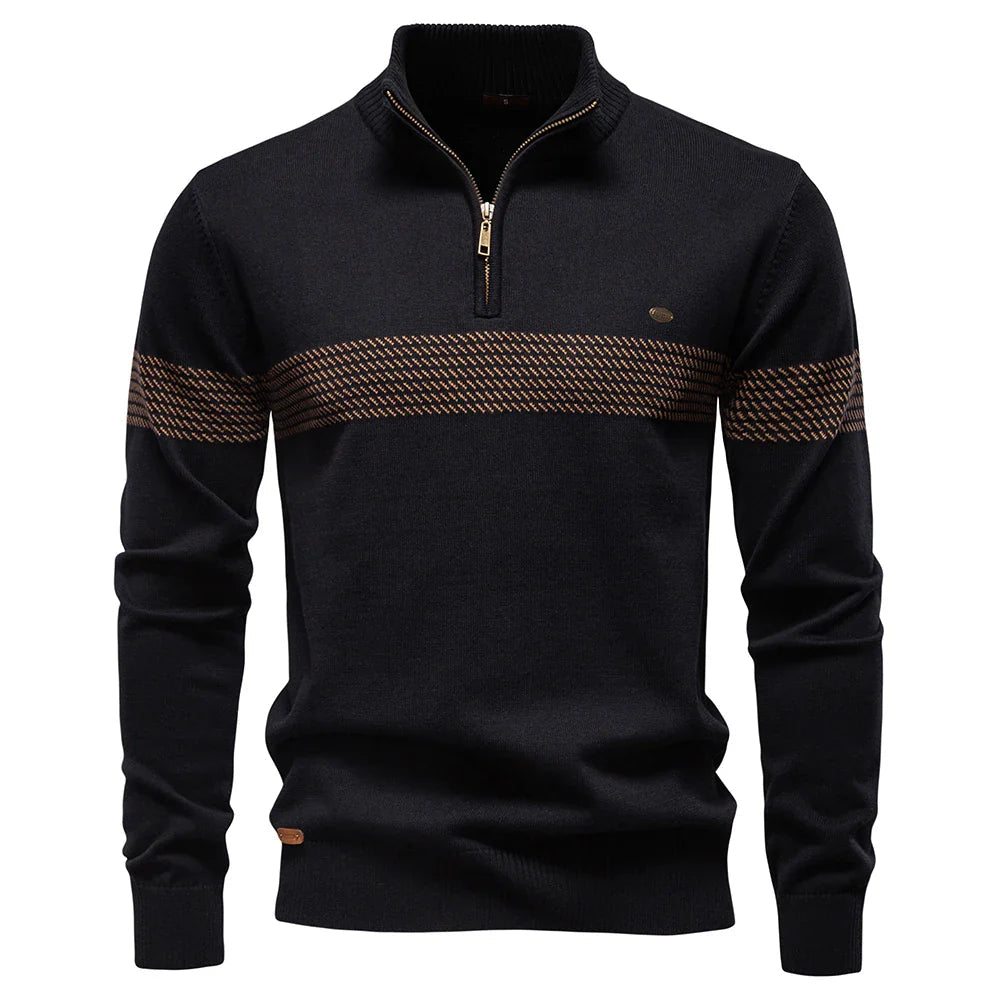 Axel | Men's Quarter Zip Sweater Cream Textured Chest Stripe