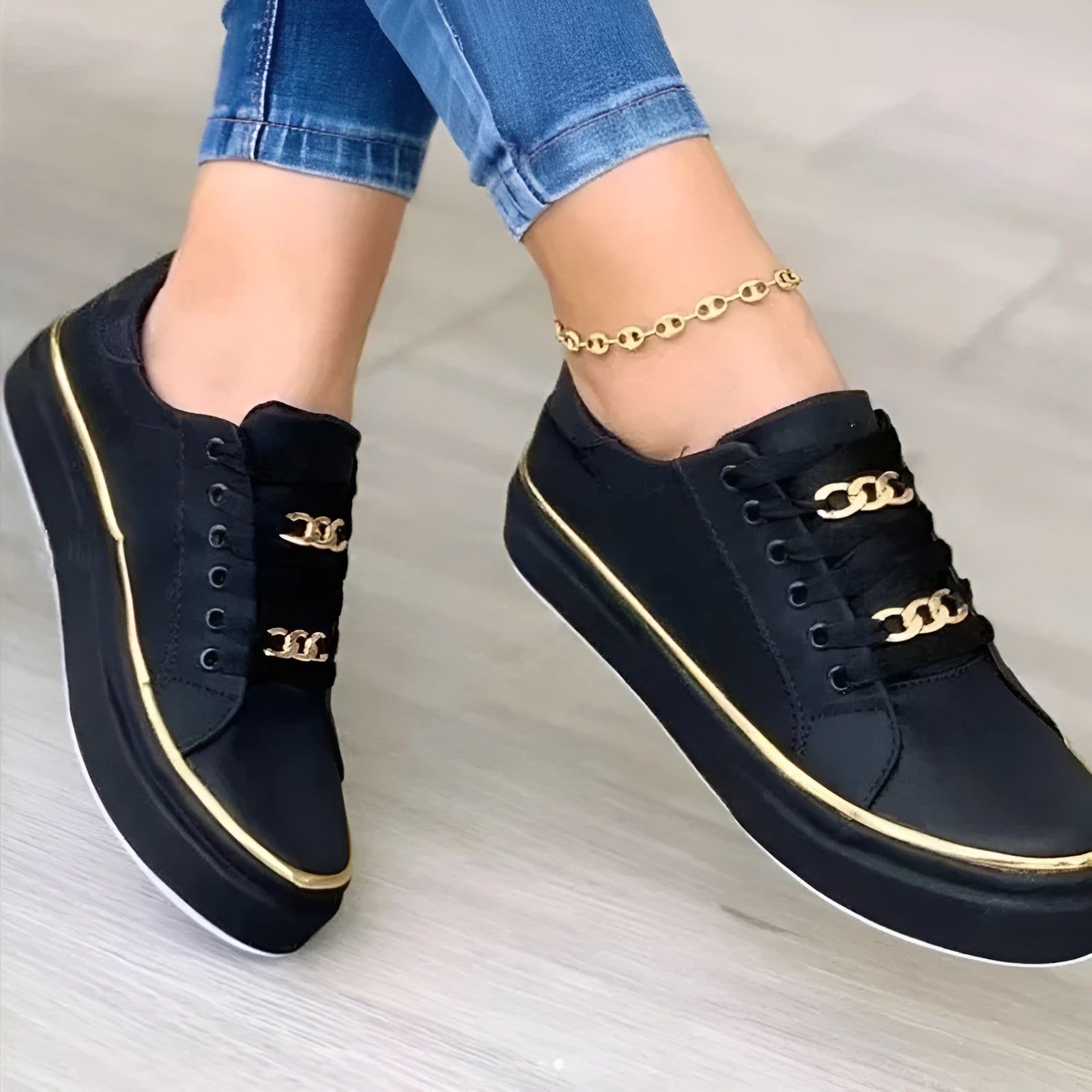 Isla | Women's Platform Sneakers White Gold Chain Detail