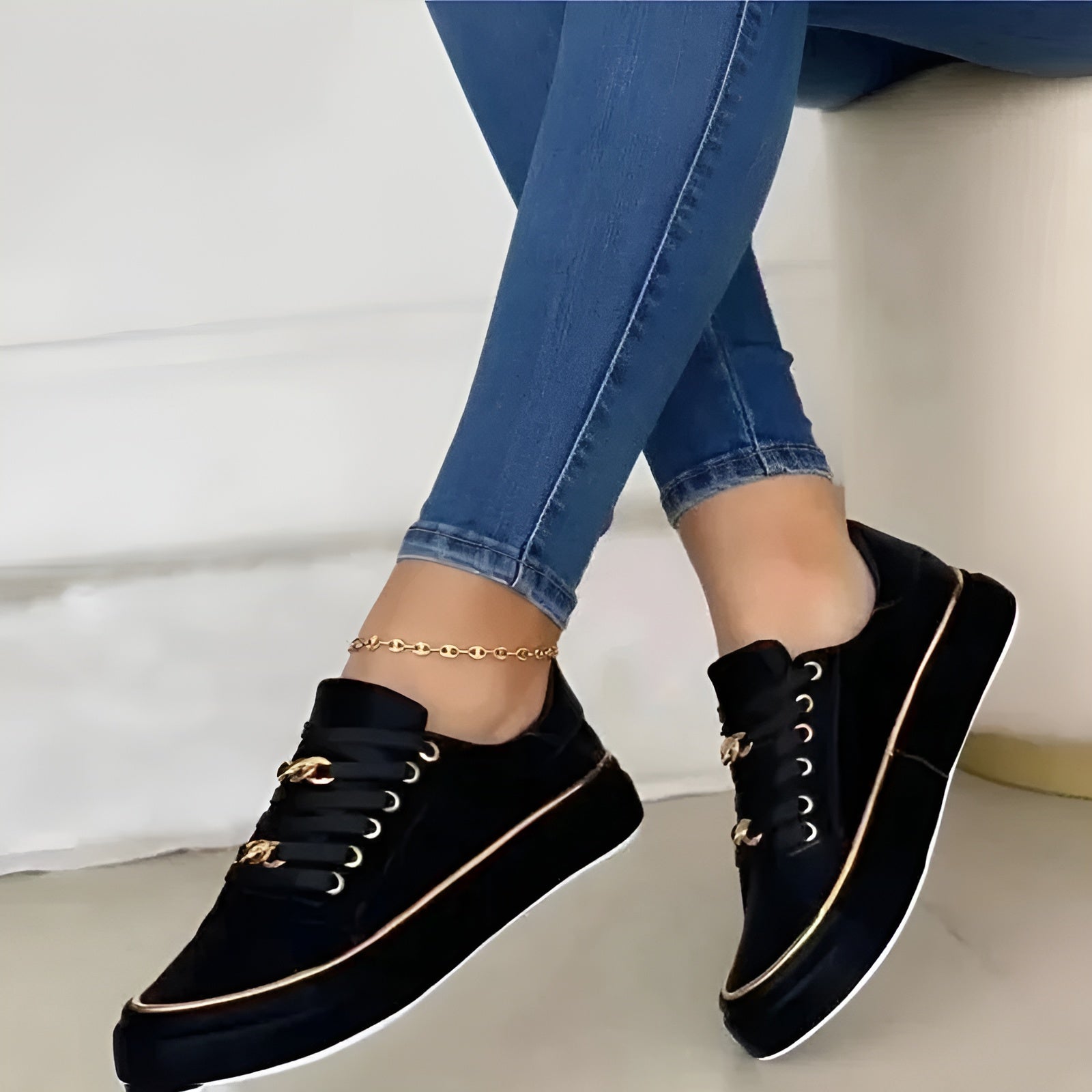Isla | Women's Platform Sneakers White Gold Chain Detail
