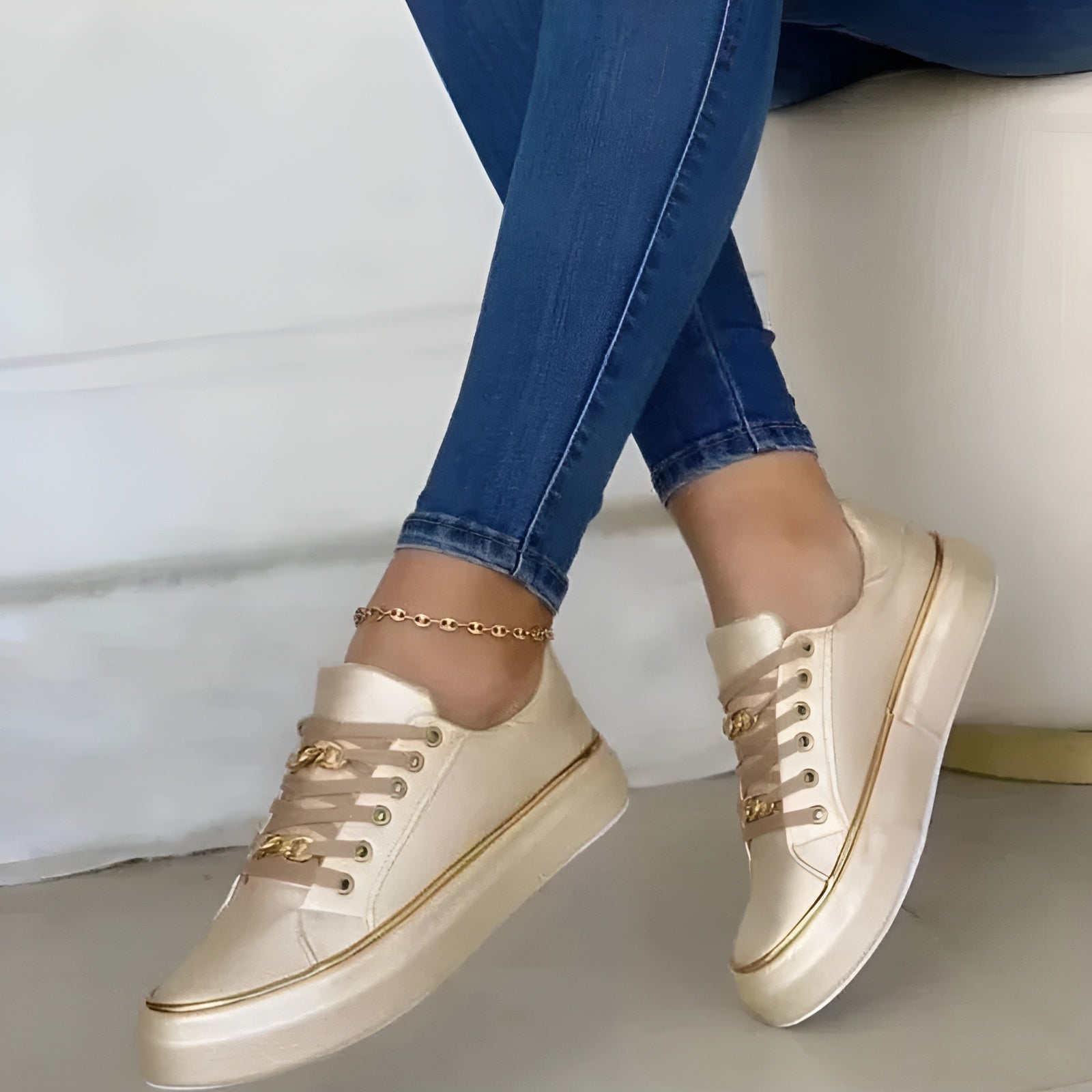 Isla | Women's Platform Sneakers White Gold Chain Detail