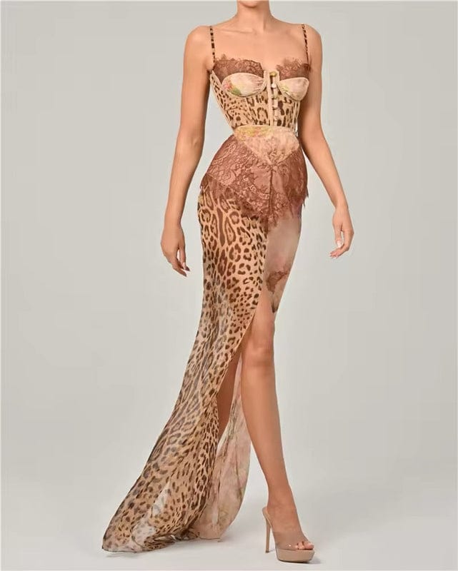 Opal | Women's Lace Corset Maxi Dress Cream Leopard Print