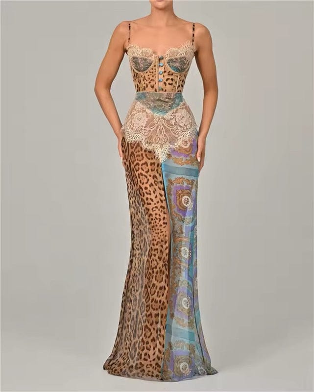 Opal | Women's Lace Corset Maxi Dress Cream Leopard Print