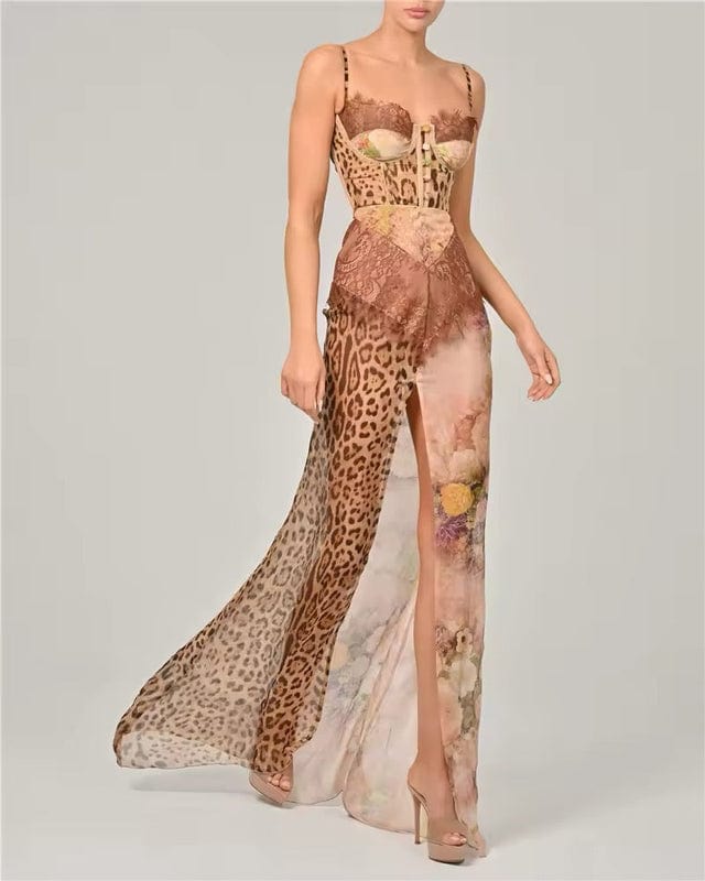 Opal | Women's Lace Corset Maxi Dress Cream Leopard Print