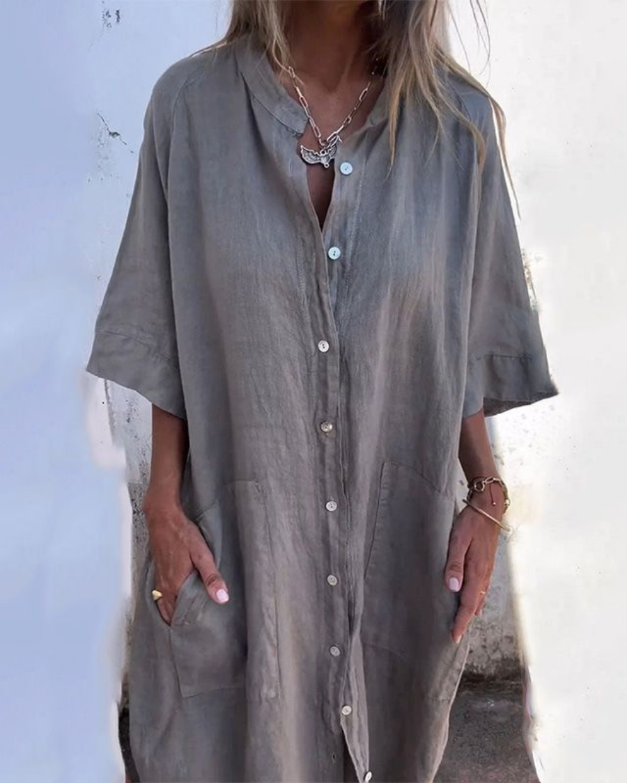 Edie | Women's Linen Shirt Dress Gray Button Up