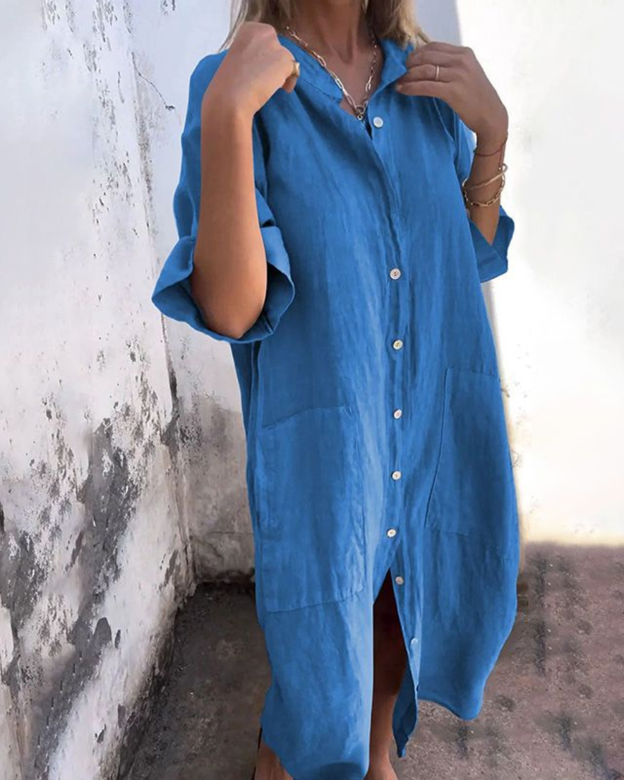Edie | Women's Linen Shirt Dress Gray Button Up