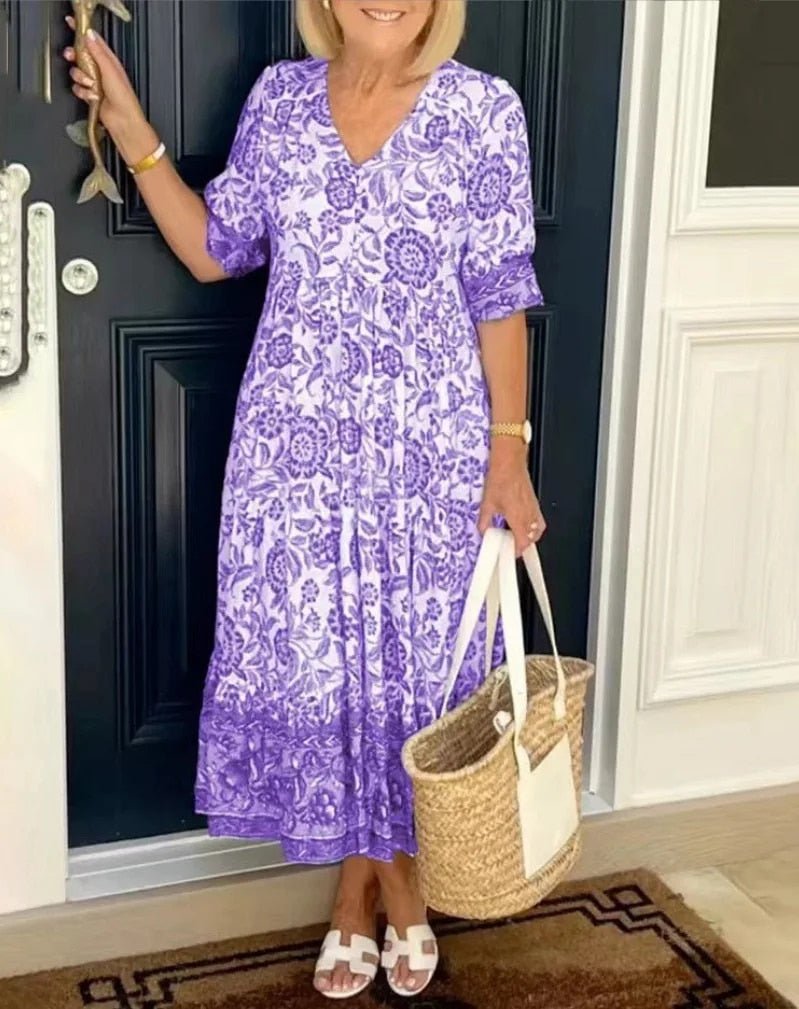 Luisa | Women's Floral Midi Dress Blue White V Neck