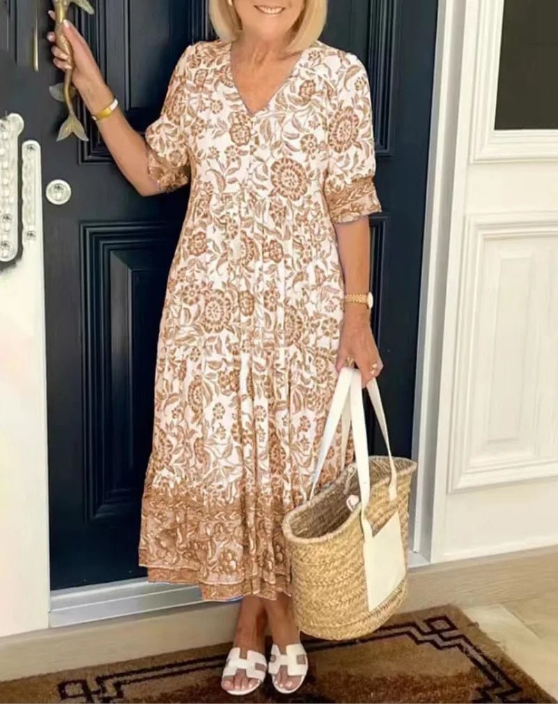 Luisa | Women's Floral Midi Dress Blue White V Neck