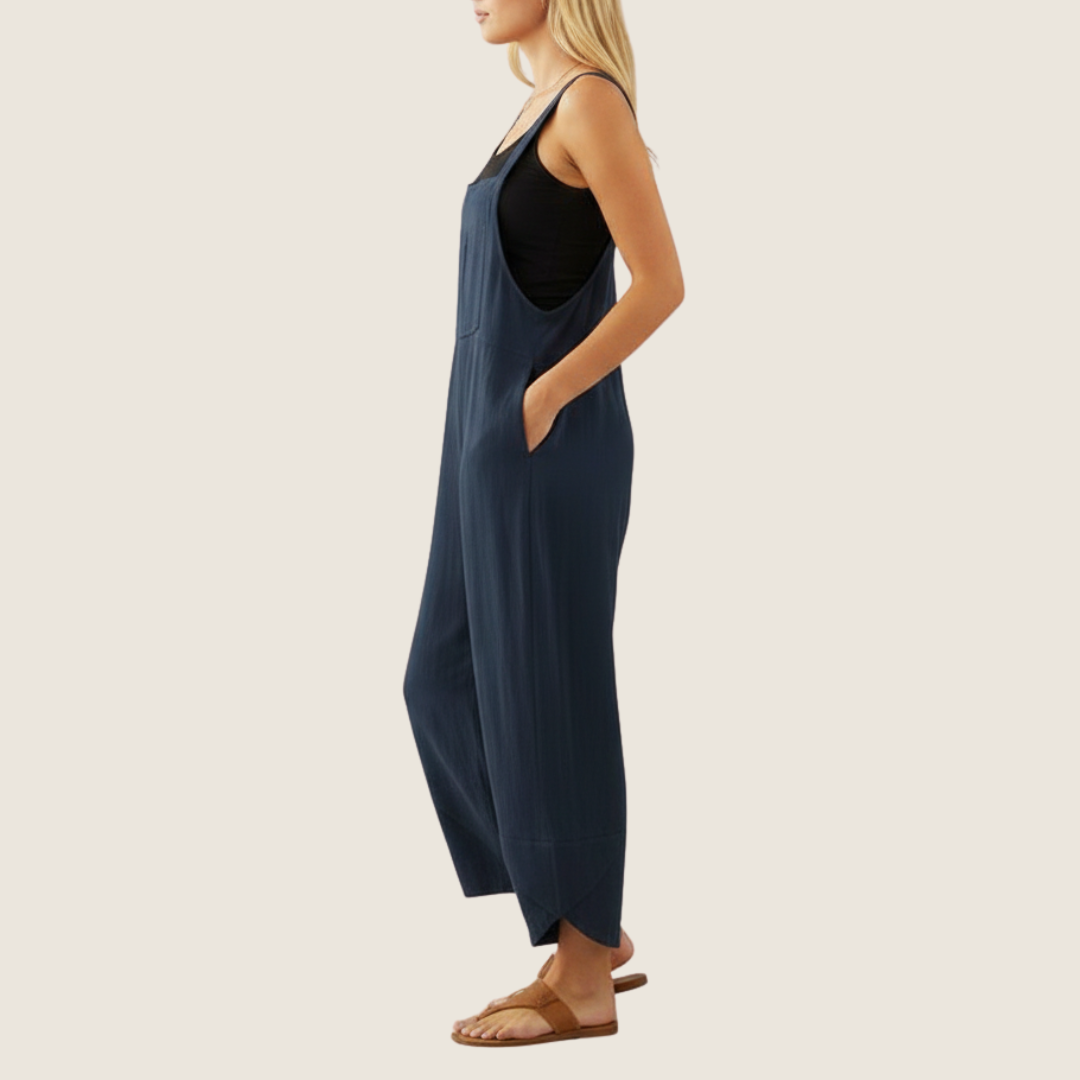 Ines | Women's Linen Jumpsuit Navy Wide Leg