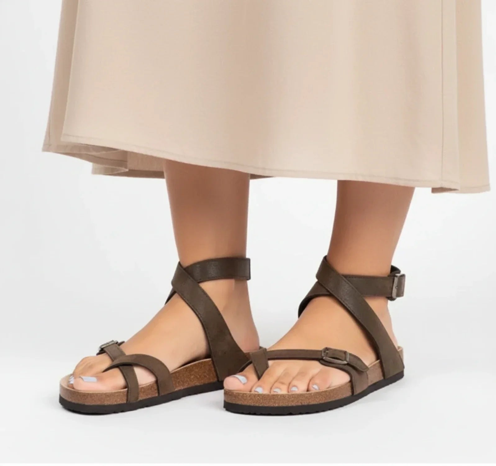 Luisa | Women's Strappy Ankle Sandal Brown Buckle Comfort Fit