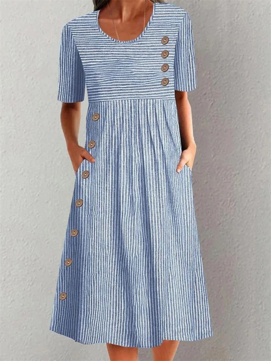 Hazel | Women's Striped Midi Dress Button Front Blue White