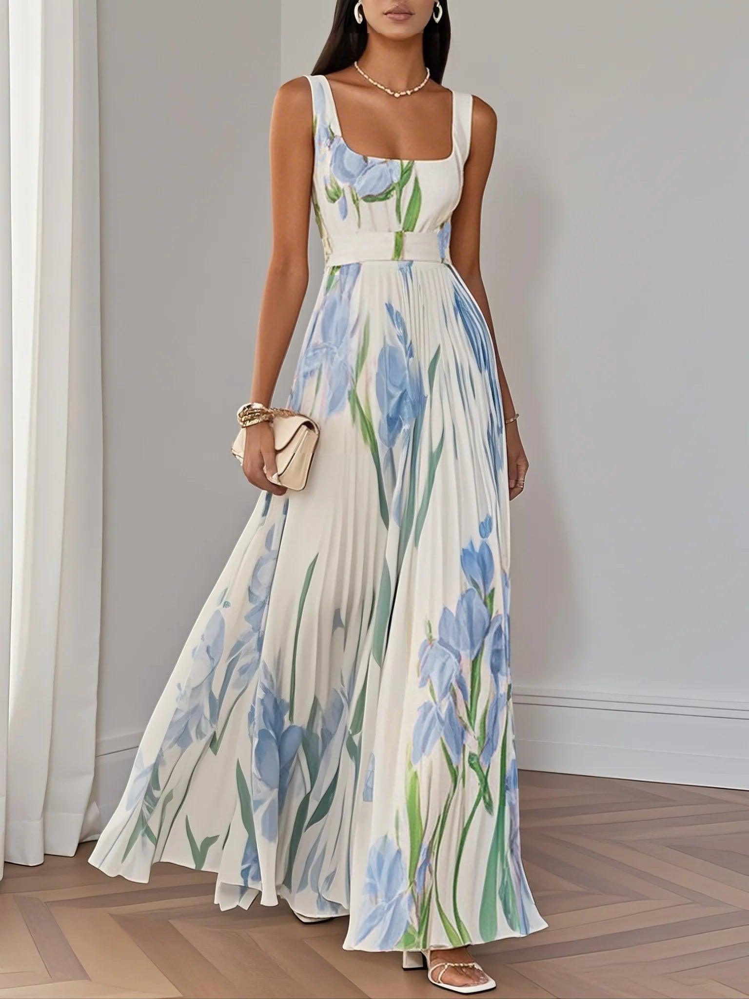 Viola | Women's Floral Maxi Dress Cream Pleated Sleeveless