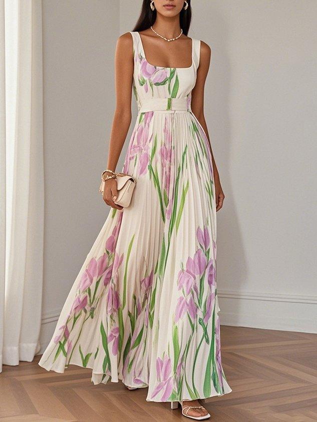 Viola | Women's Floral Maxi Dress Cream Pleated Sleeveless