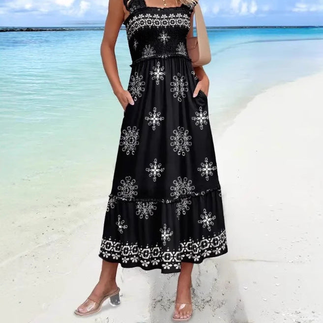 Mia | Women's Embroidered Midi Dress Black Sleeveless