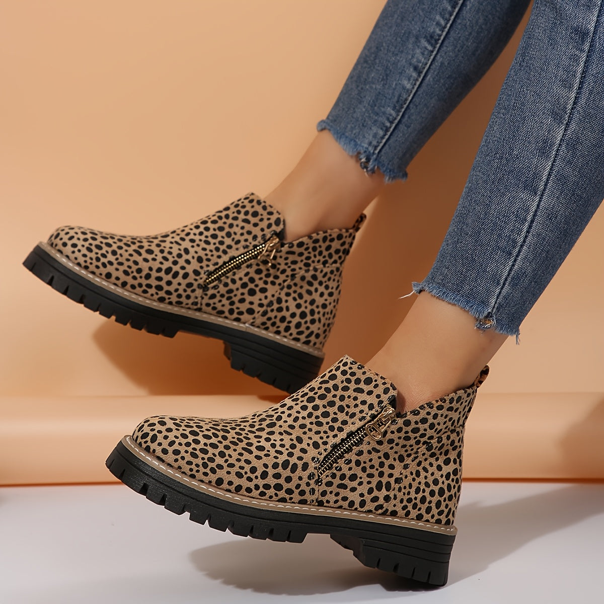 Nina | Women's Leopard Print Ankle Boots Black Lug Sole