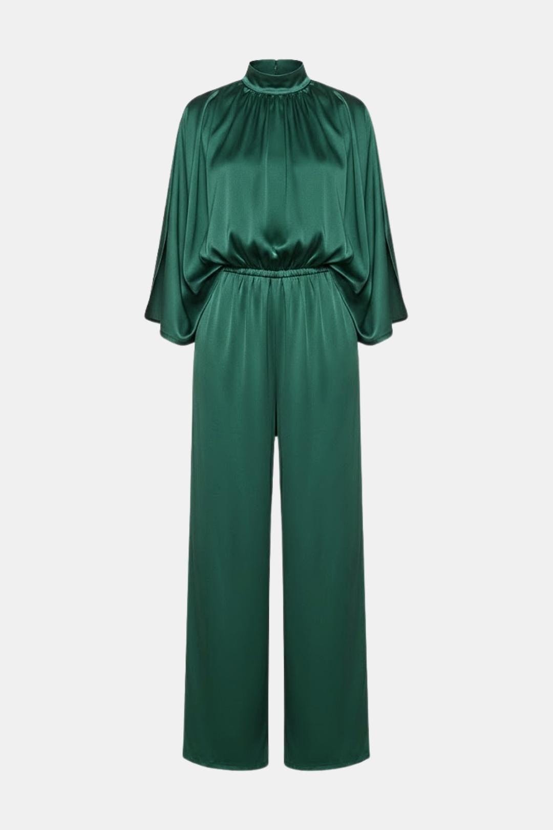 Opal | Women's Satin Wide Leg Jumpsuit Green Mock Neck