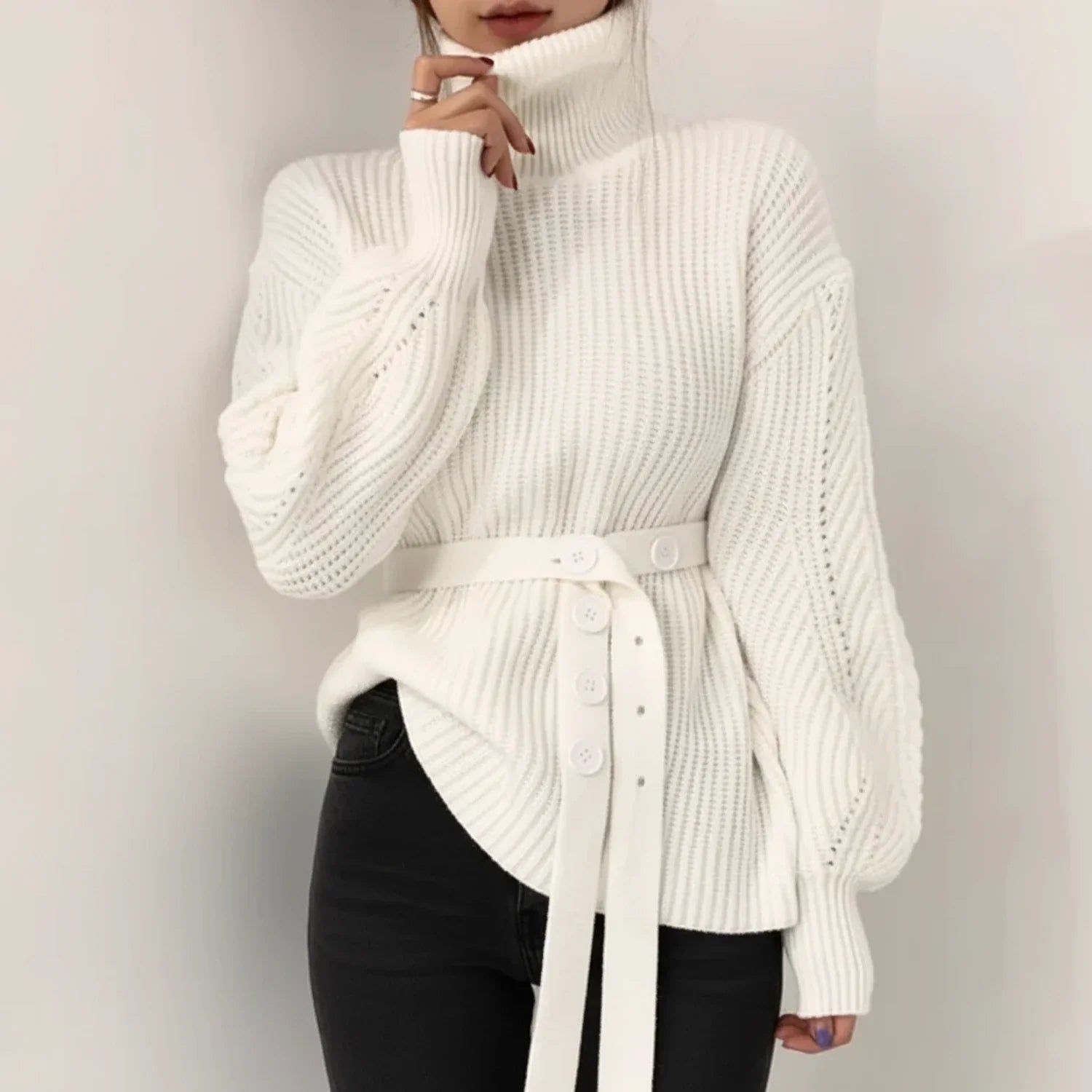 Isla | Women's Turtleneck Sweater Red Ribbed Knit Belted