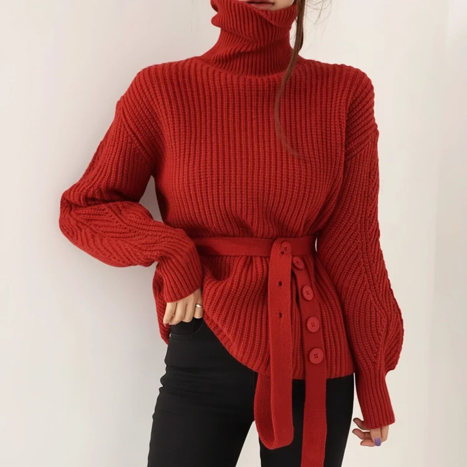 Isla | Women's Turtleneck Sweater Red Ribbed Knit Belted