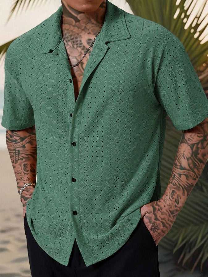 Callum | Men's Light Blue Eyelet Button Up Shirt Short Sleeve