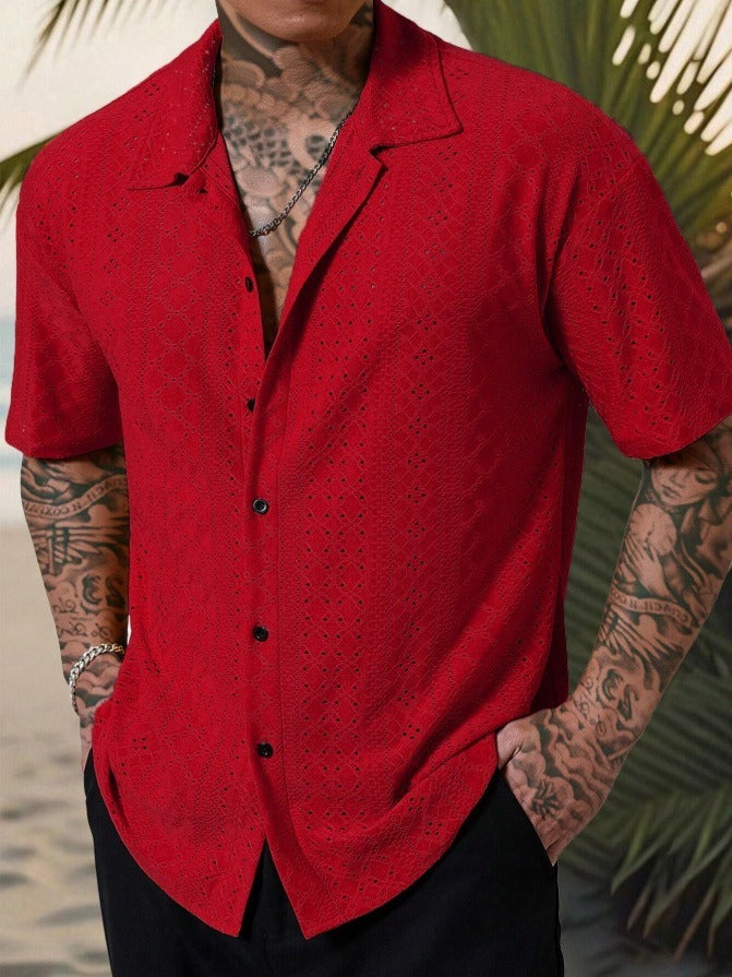 Callum | Men's Light Blue Eyelet Button Up Shirt Short Sleeve