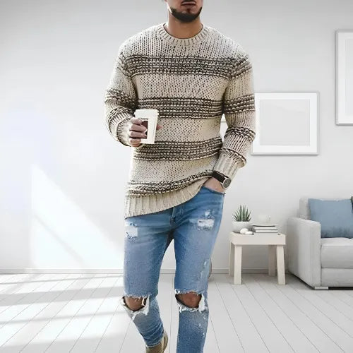 Arlo | Men's Crew Neck Cable Knit Sweater Cream Stripe
