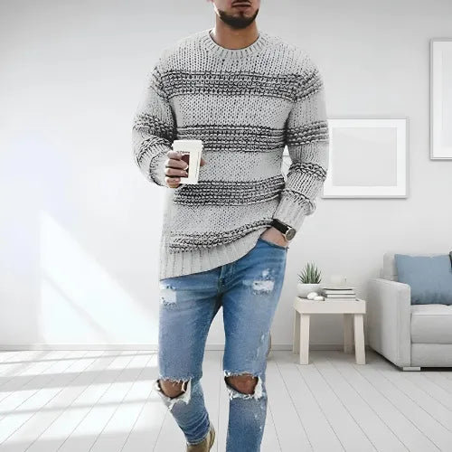 Arlo | Men's Crew Neck Cable Knit Sweater Cream Stripe