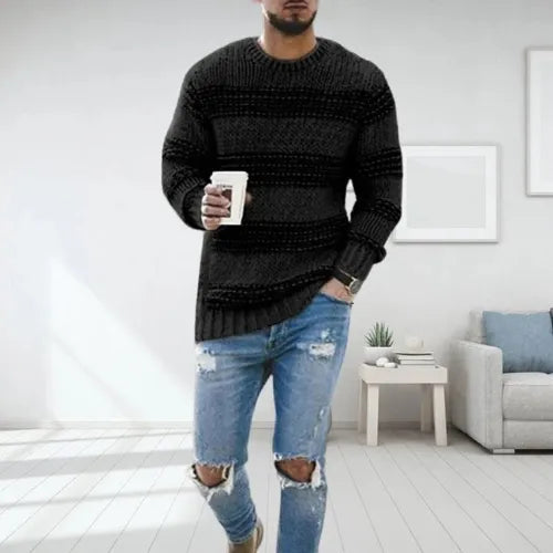 Arlo | Men's Crew Neck Cable Knit Sweater Cream Stripe