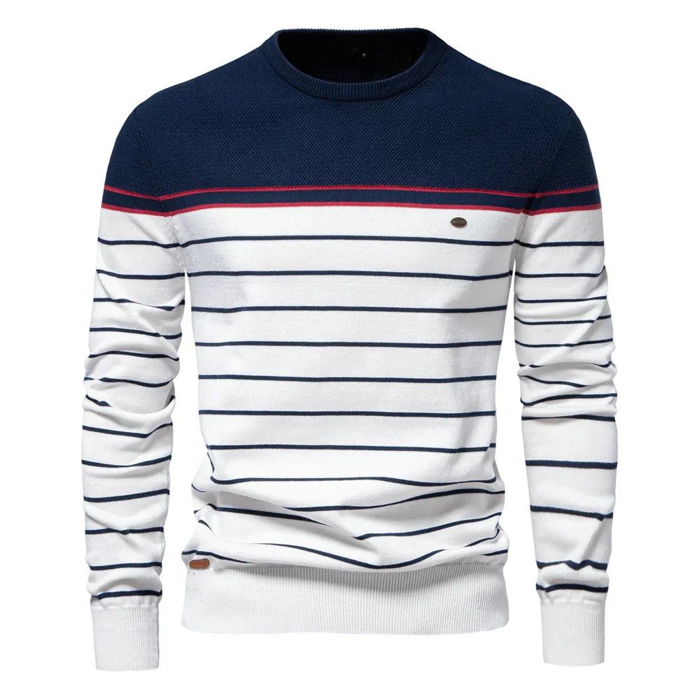 Rhys | Men's Striped Crew Neck Sweater Navy White Red