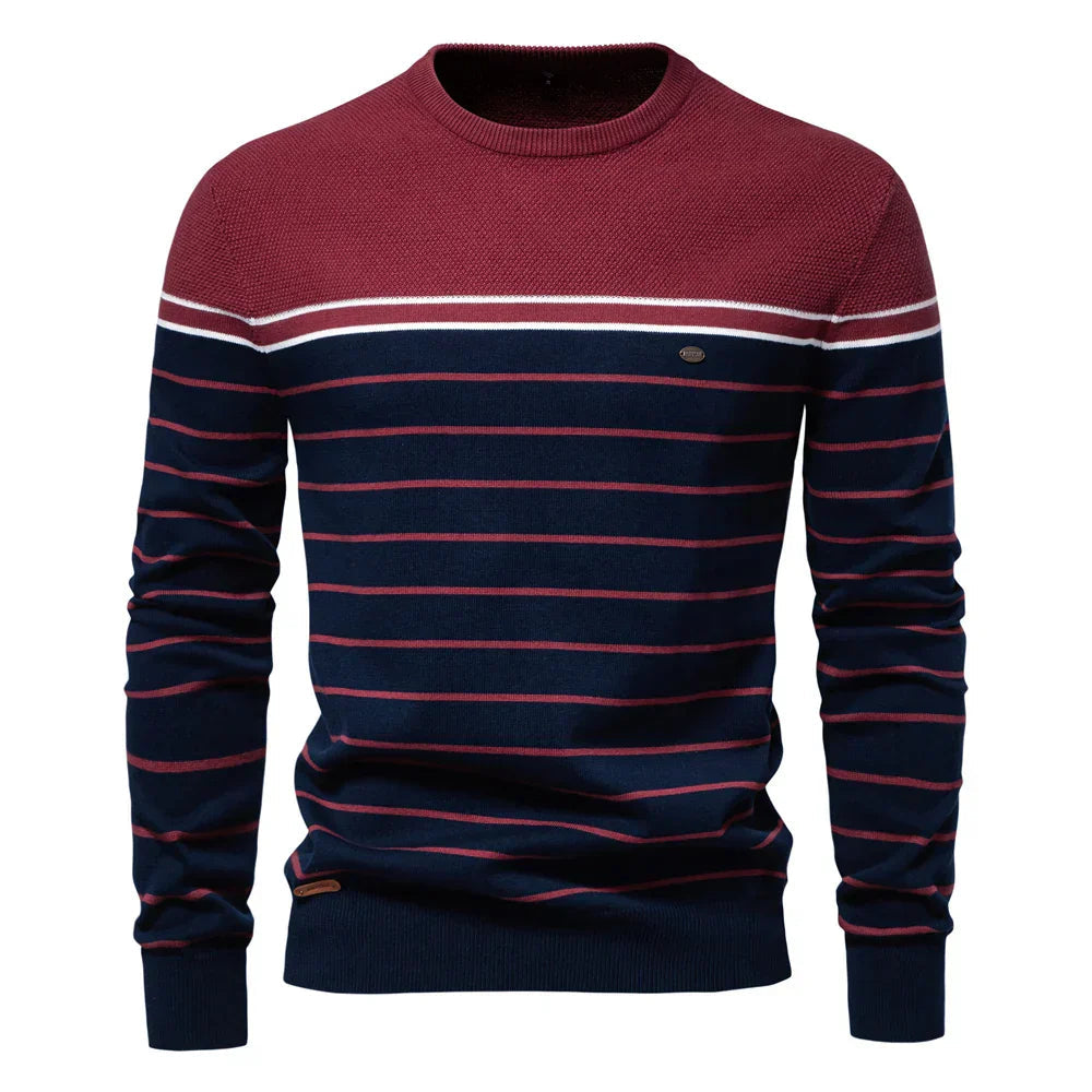 Rhys | Men's Striped Crew Neck Sweater Navy White Red