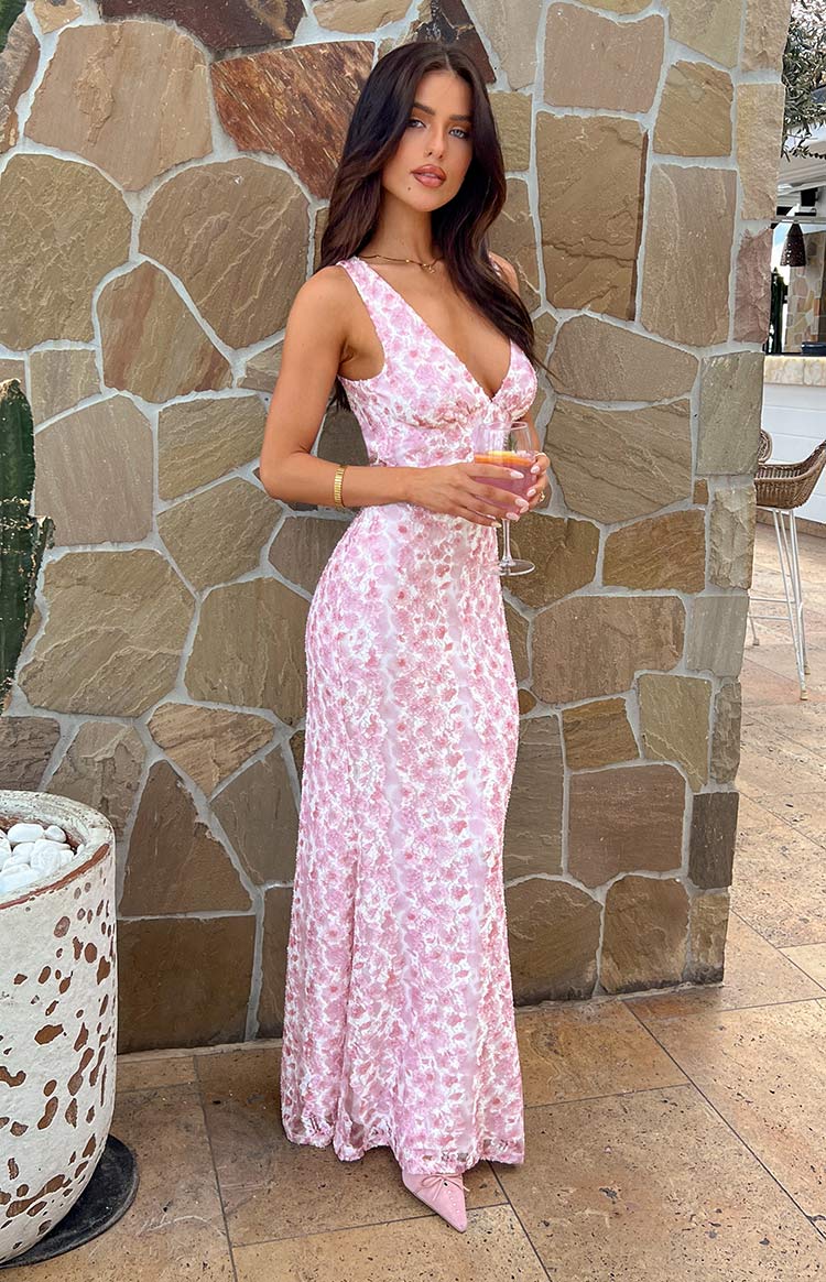 Neve | Women's Sequin Maxi Dress Pink V Neck