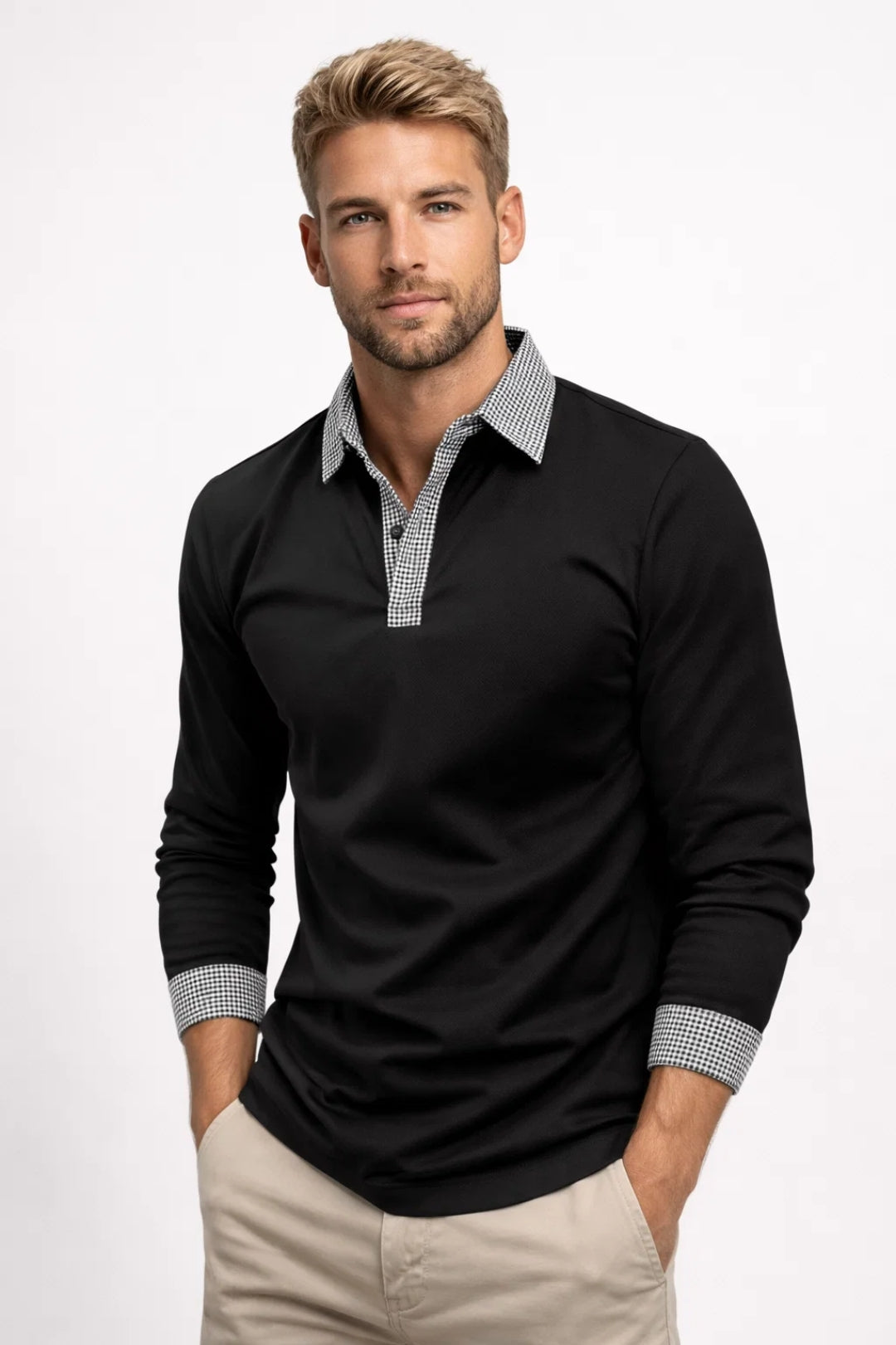 Jude | Men's Polo Shirt Long Sleeve Burgundy Checkered Collar