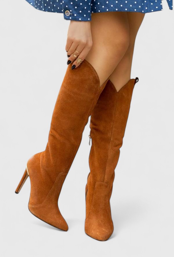 Aria | Women's Brown Leather Heeled Knee High Boots