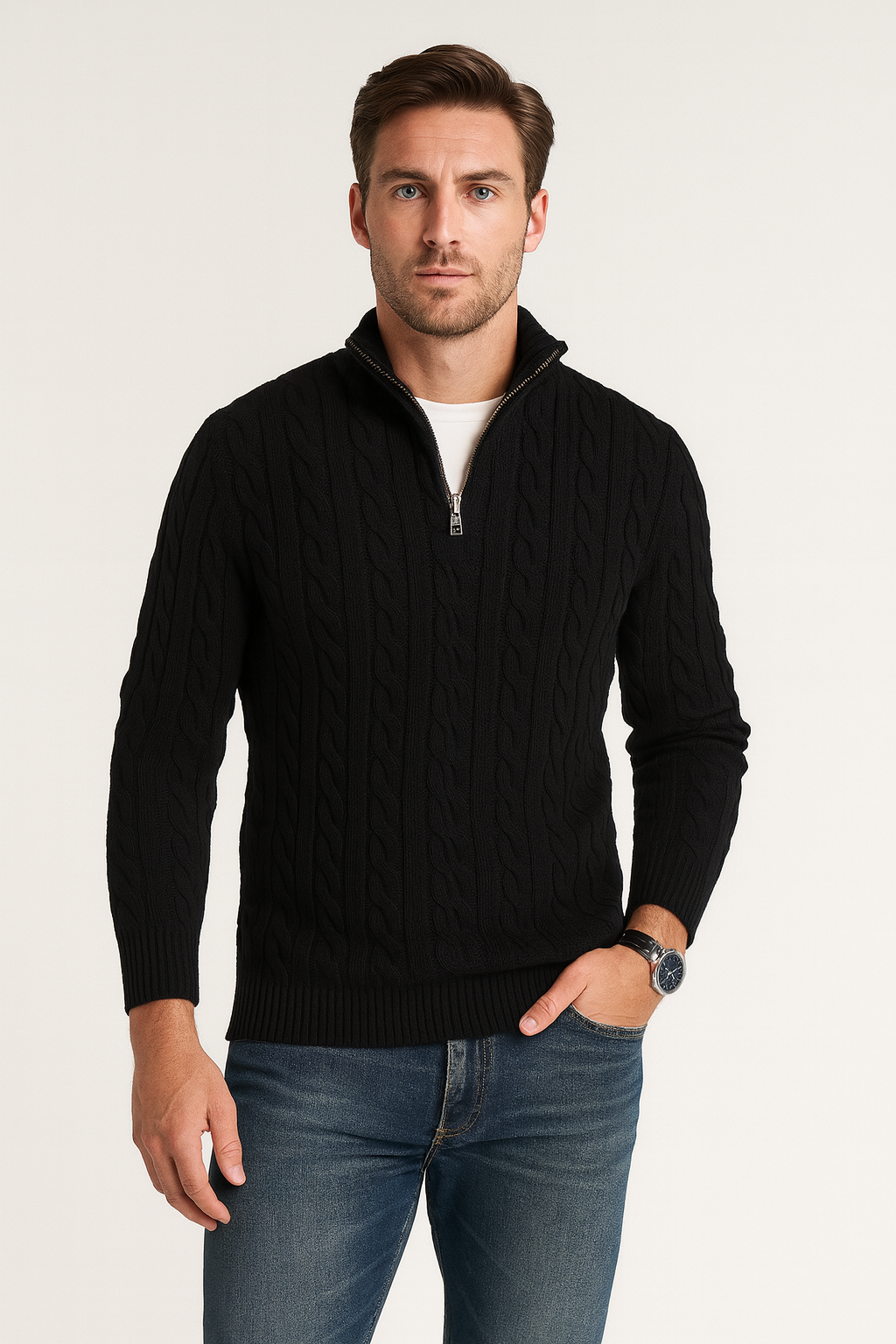 Luca | Men's Cable Knit Quarter Zip Sweater Gray