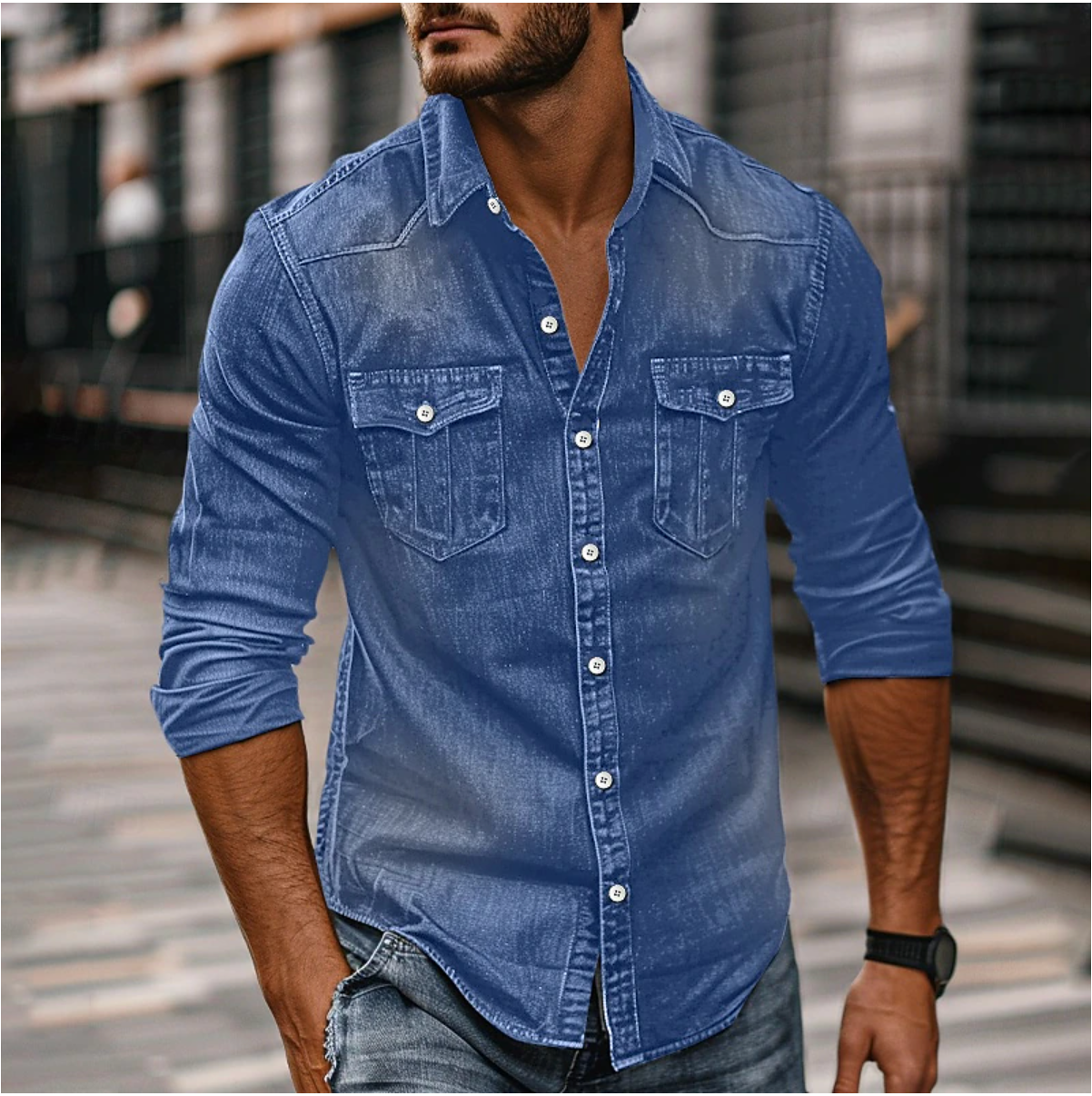 Soren | Men's Denim Shirt Medium Blue Long Sleeve Button Up