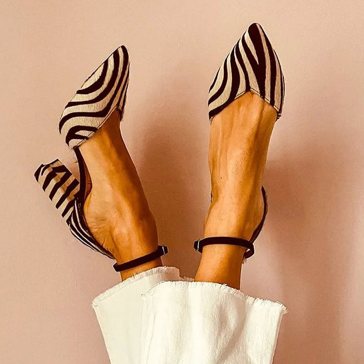 Zuri | Women's Zebra Stripe Pointed Toe Heels Cream