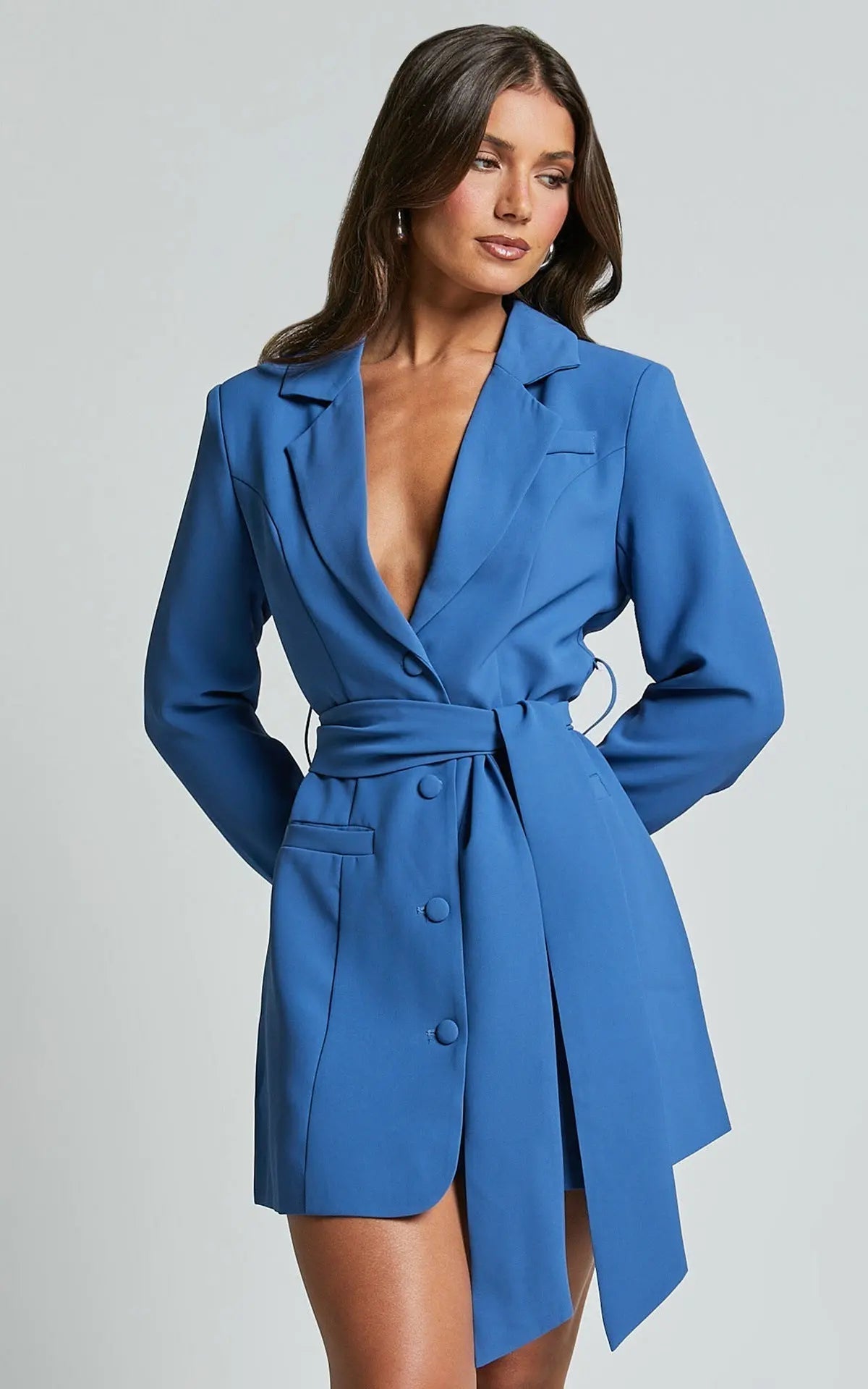 Margot | Women's Wrap Blazer Dress Blue Long Sleeve Belted