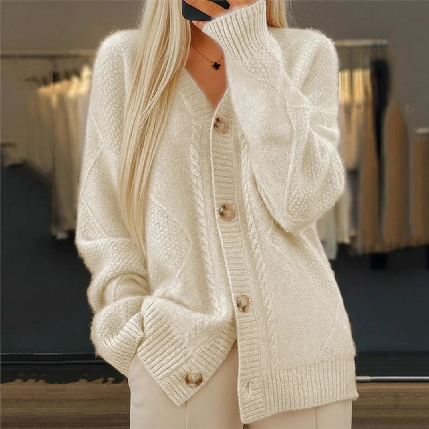 Sable | Women's Cable Knit Cardigan Cream Button Front