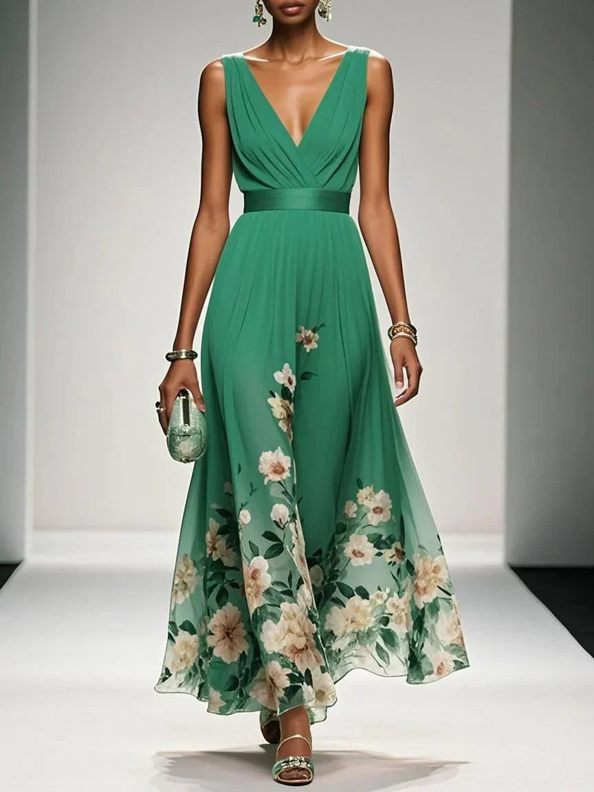 Thea | Women's Floral Chiffon Maxi Dress Light Blue V Neck