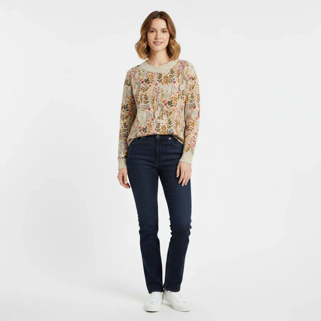 Isla | Women's Floral Knit Sweater Cream Crew Neck