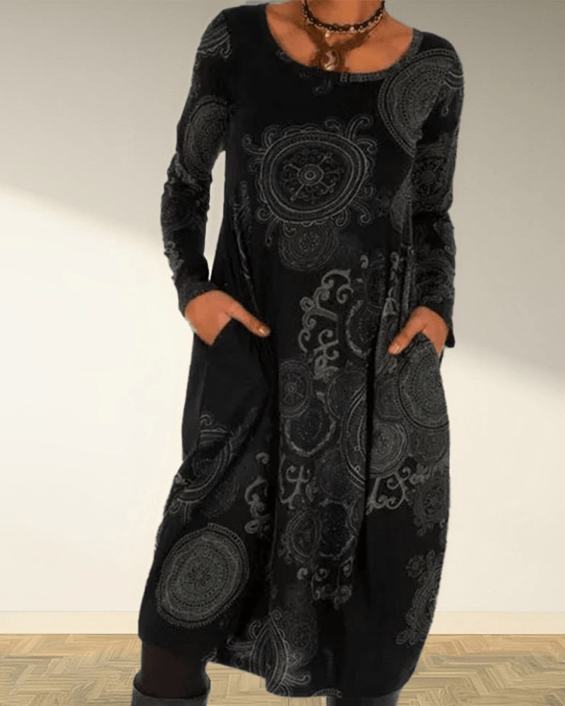 Opal | Women's Boho Maxi Dress Long Sleeve Black Green Print