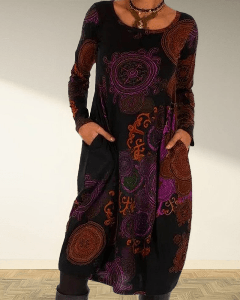 Opal | Women's Boho Maxi Dress Long Sleeve Black Green Print
