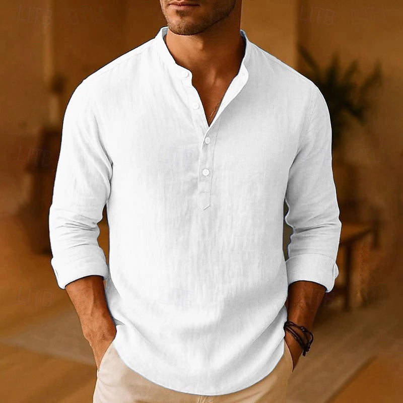 Leo | Men's Linen Henley Shirt Light Blue Long Sleeve