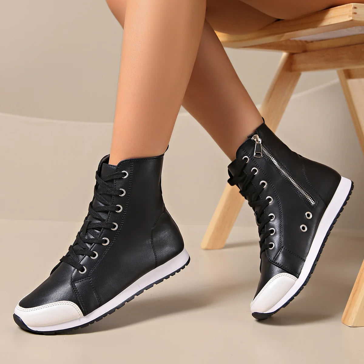 Neve | Women's Lace Up High Top Sneaker Black White